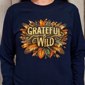 Grateful & Wild Fall Shirt | Navy Long Sleeve | Boho Autumn Graphic Tee